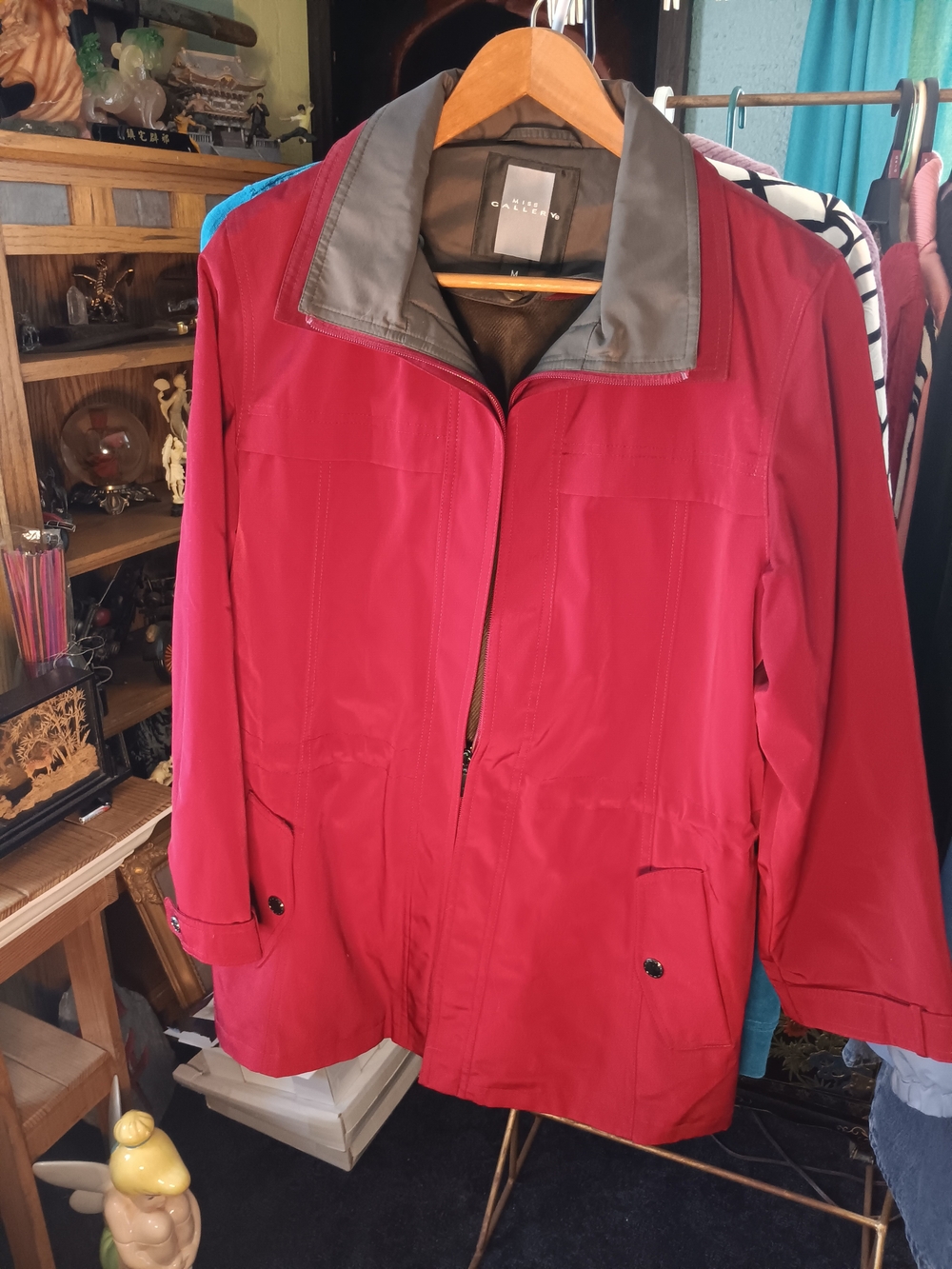Gallery Red Trench Coat with Gray Contrast Collar